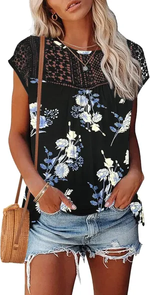AUSELILY Women's Summer Tops Casual Short Cap Sleeve Crewneck Lace Trim Ladies T Shirts 2025 Trendy