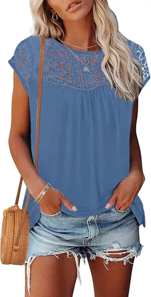 AUSELILY Women's Summer Tops Casual Short Cap Sleeve Crewneck Lace Trim Ladies T Shirts 2025 Trendy