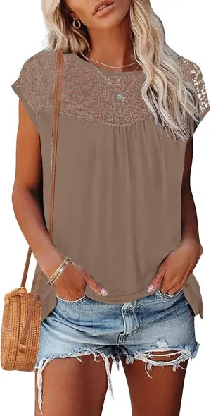 AUSELILY Women's Summer Tops Casual Short Cap Sleeve Crewneck Lace Trim Ladies T Shirts 2025 Trendy