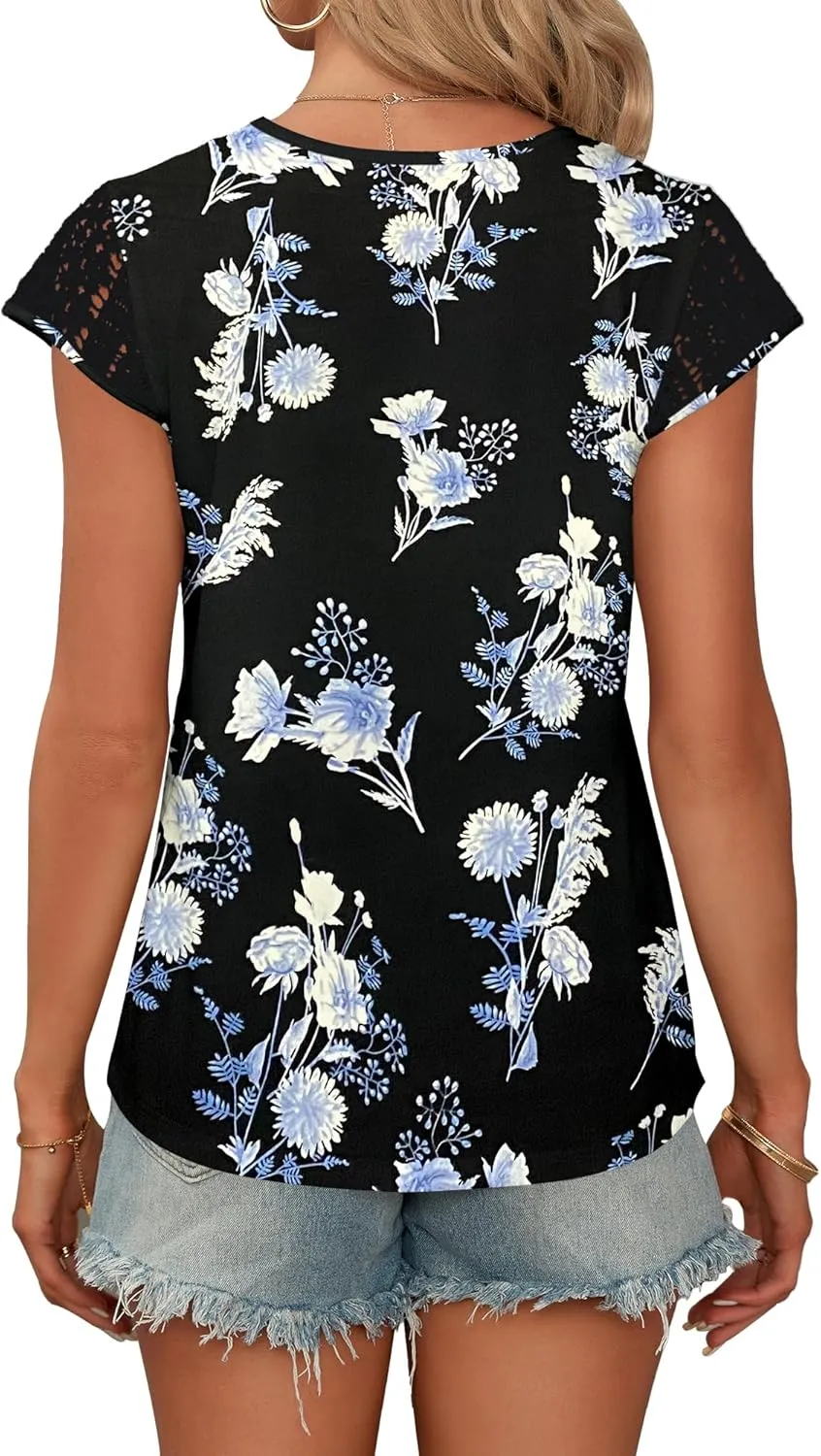 AUSELILY Women's Summer Tops Casual Short Cap Sleeve Crewneck Lace Trim Ladies T Shirts 2025 Trendy