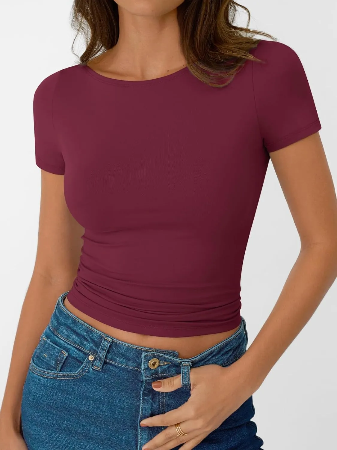 AUTOMET Womens Short Sleeve Boat Neck T-Shirts Going Out Tops Compression Summer Y2k Basic Clothes 2025