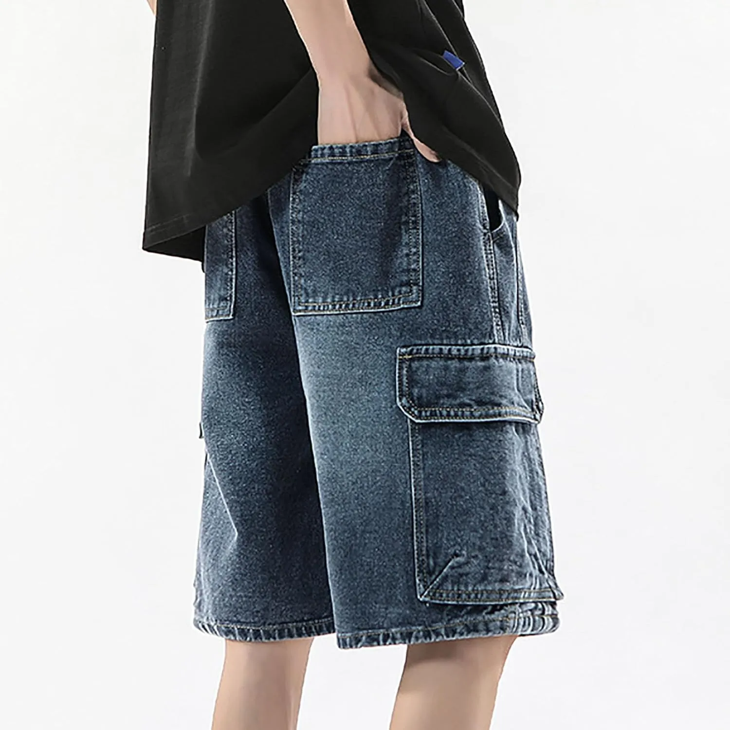 Baggy Jean Shorts for Men Summer Casual Loose Fit Hip Hop Long Denim Shorts with Pockets