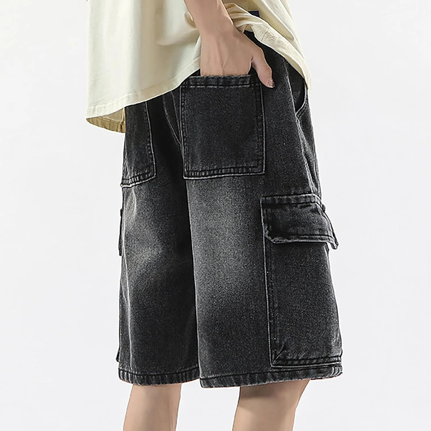 Baggy Jean Shorts for Men Summer Casual Loose Fit Hip Hop Long Denim Shorts with Pockets