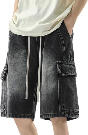 Baggy Jean Shorts for Men Summer Casual Loose Fit Hip Hop Long Denim Shorts with Pockets