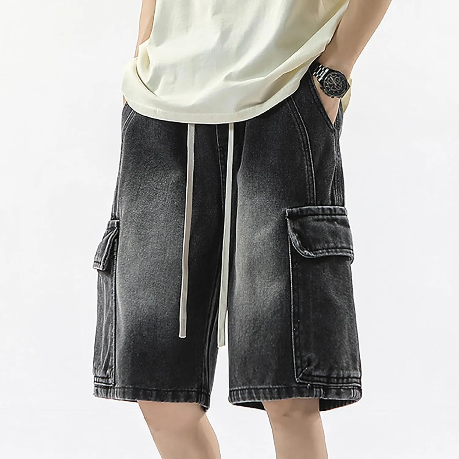 Baggy Jean Shorts for Men Summer Casual Loose Fit Hip Hop Long Denim Shorts with Pockets