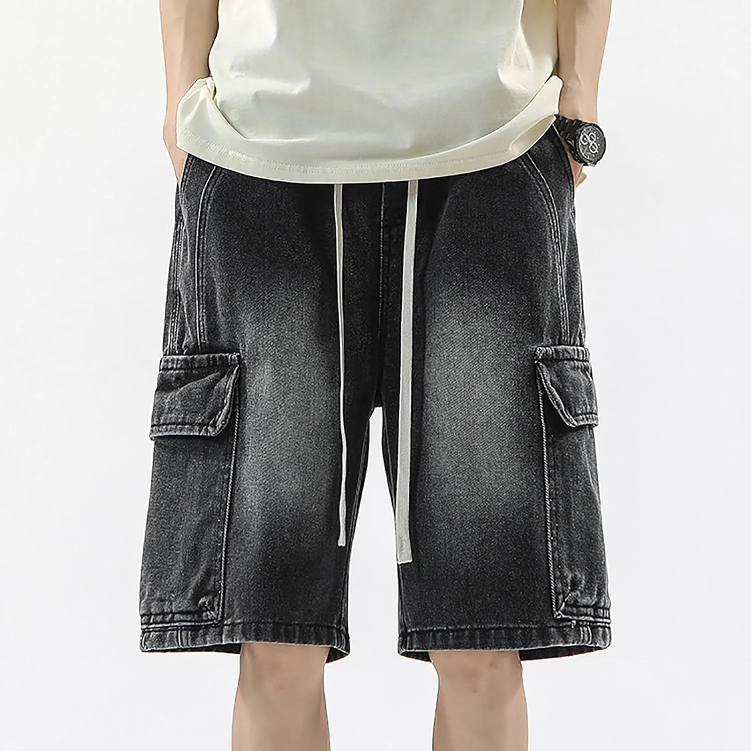 Baggy Jean Shorts for Men Summer Casual Loose Fit Hip Hop Long Denim Shorts with Pockets