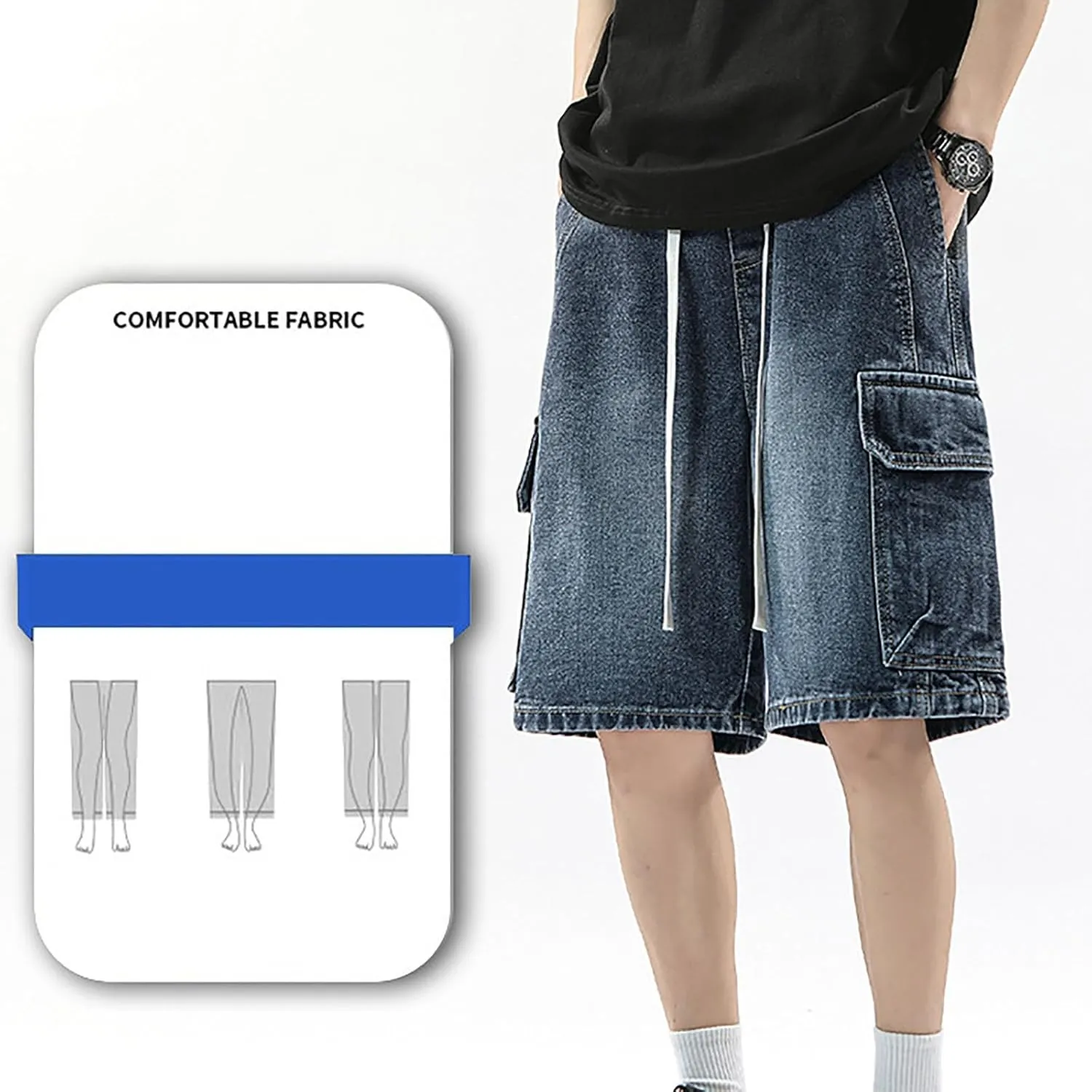 Baggy Jean Shorts for Men Summer Casual Loose Fit Hip Hop Long Denim Shorts with Pockets