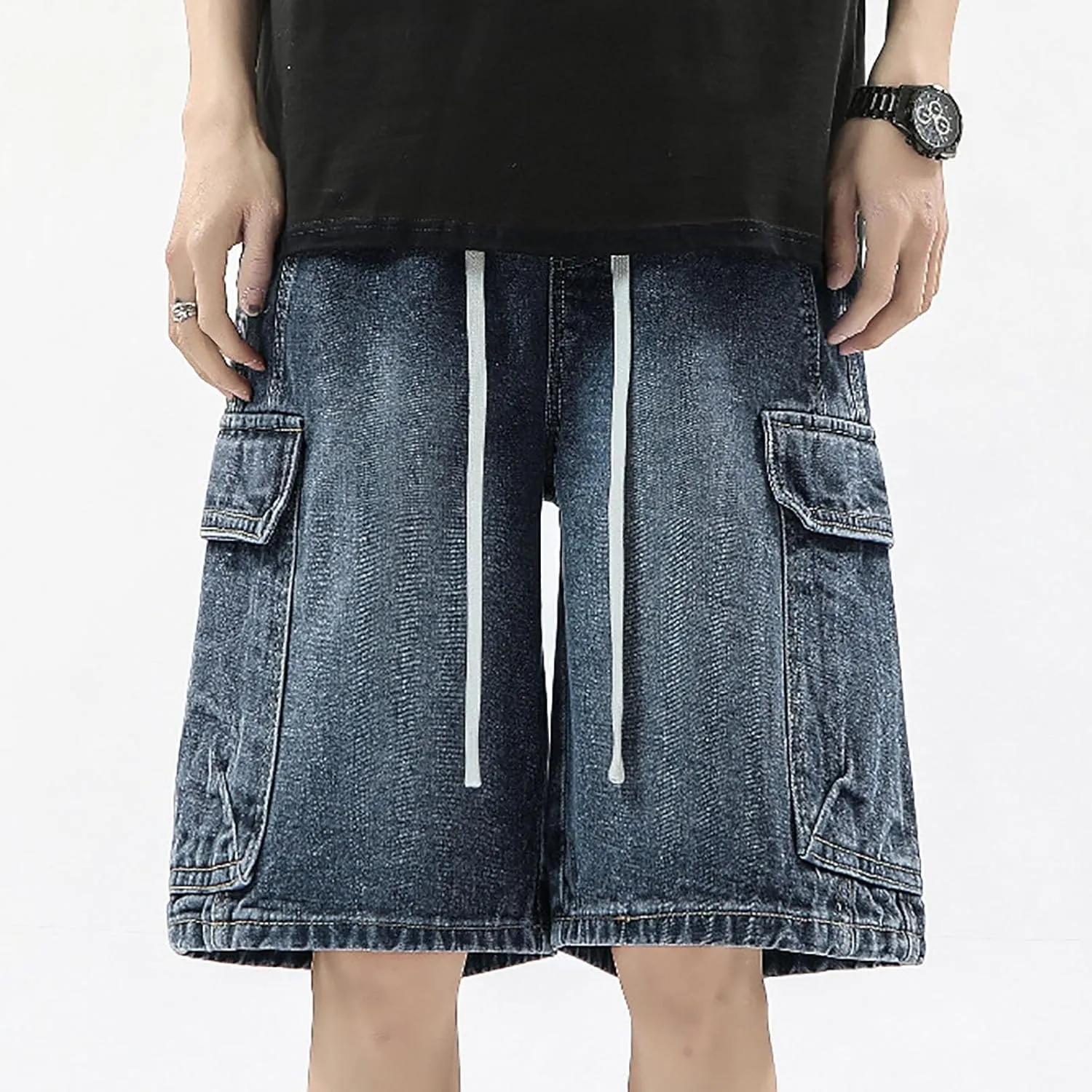 Baggy Jean Shorts for Men Summer Casual Loose Fit Hip Hop Long Denim Shorts with Pockets