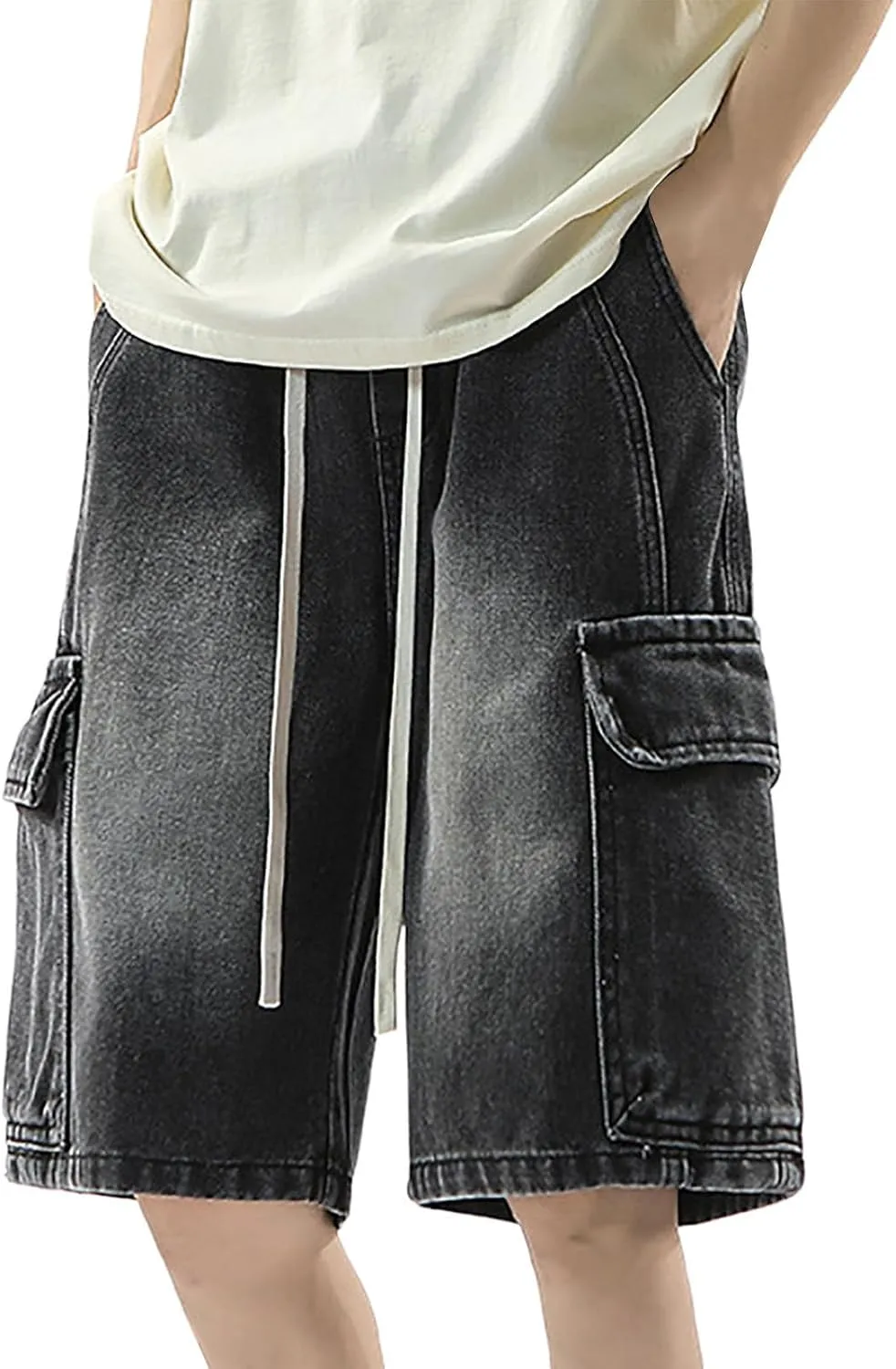 Baggy Jean Shorts for Men Summer Casual Loose Fit Hip Hop Long Denim Shorts with Pockets