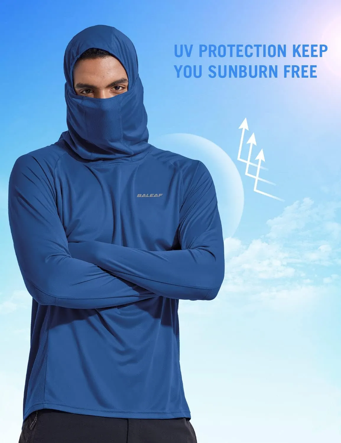 baleaf Men's Sun Protection Hoodie Shirt UPF 50  Long Sleeve UV SPF T-Shirts with Mask Rash Guard Fishing Lightweight