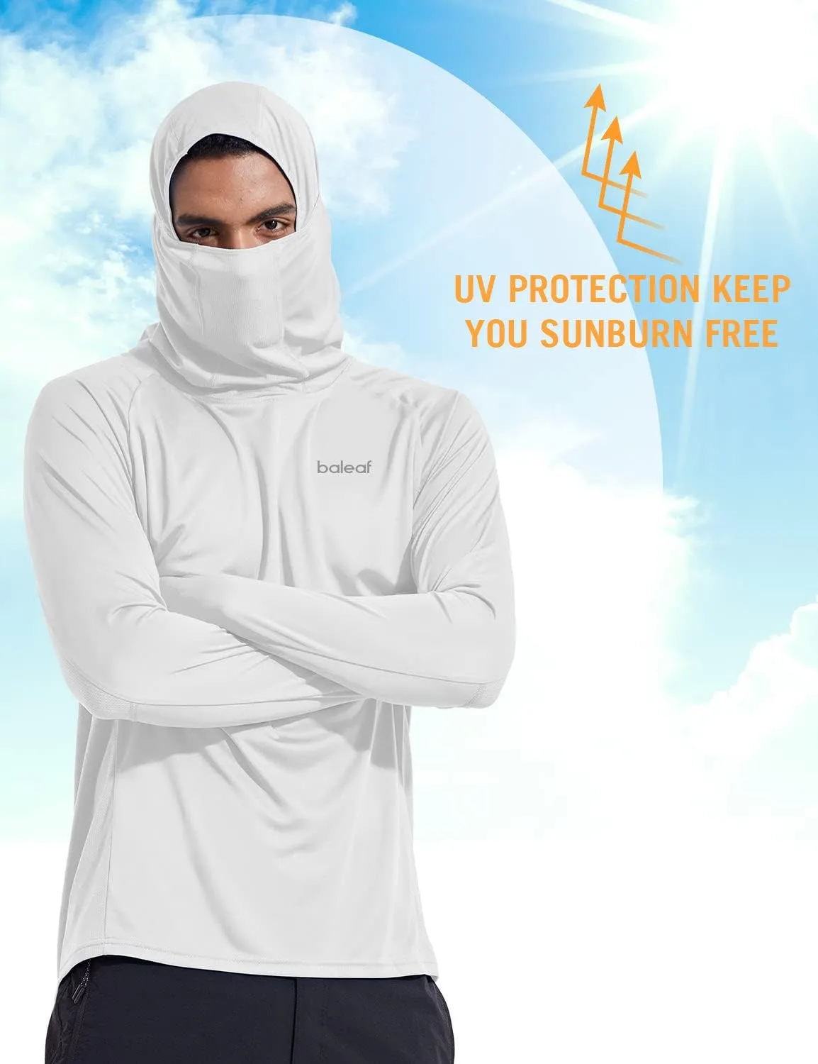baleaf Men's Sun Protection Hoodie Shirt UPF 50  Long Sleeve UV SPF T-Shirts with Mask Rash Guard Fishing Lightweight