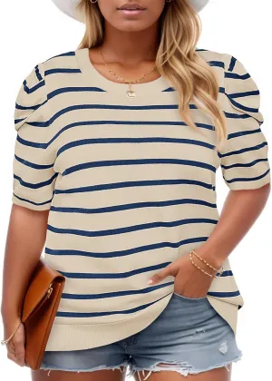Beautife Womens Plus Size Short Puff Sleeve Sweater Tops Lightweight Striped T Shirts Summer Casual Crew Neck Knit Pullover Apricot