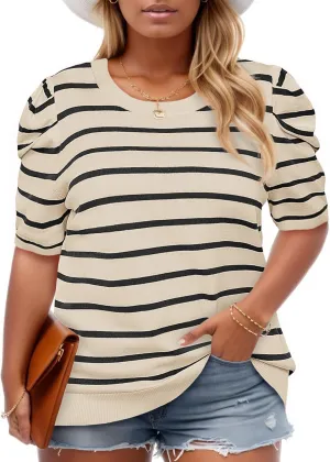 Beautife Womens Plus Size Short Puff Sleeve Sweater Tops Lightweight Striped T Shirts Summer Casual Crew Neck Knit Pullover Beige