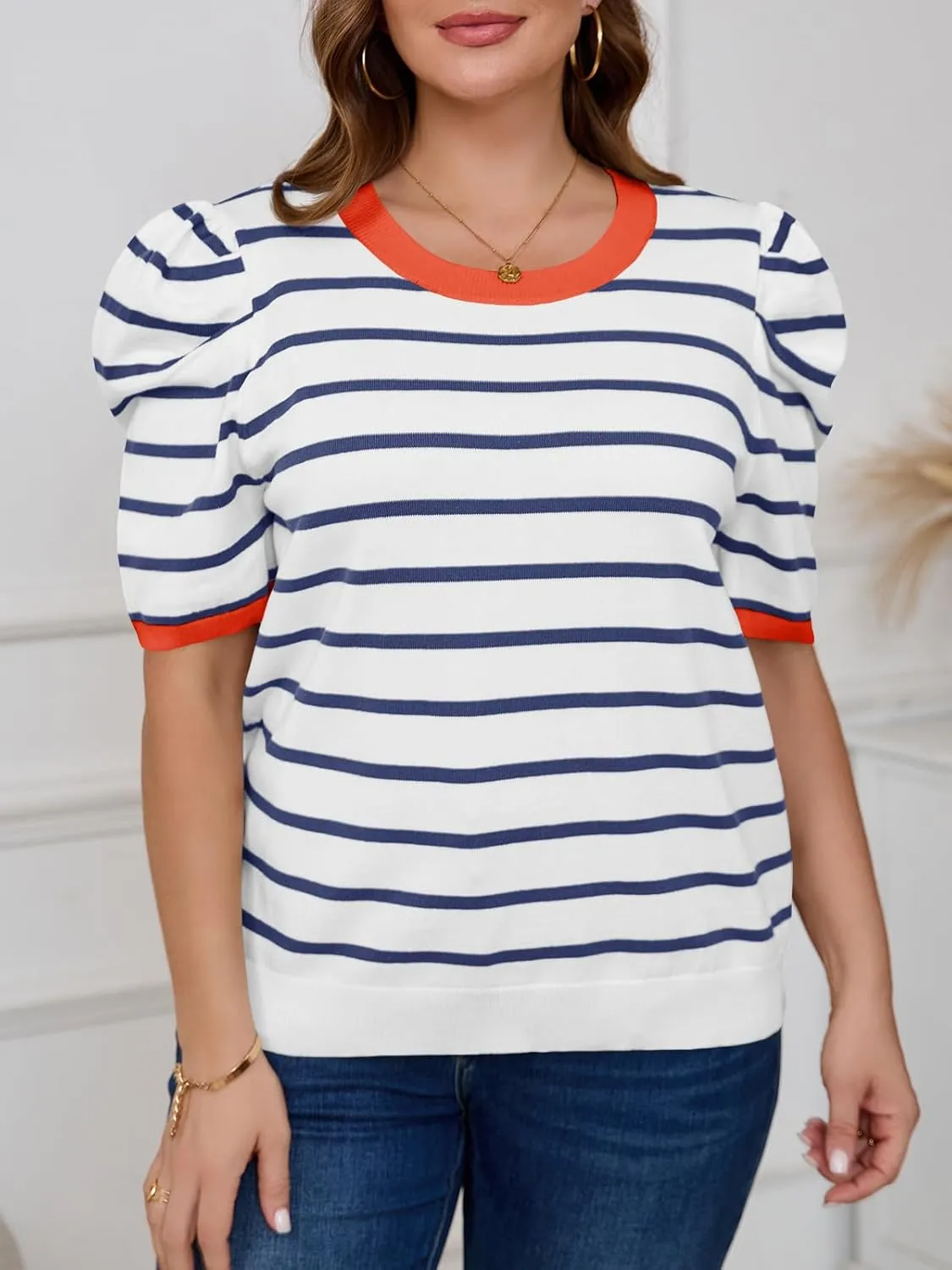 Beautife Womens Plus Size Short Puff Sleeve Sweater Tops Lightweight Striped T Shirts Summer Casual Crew Neck Knit Pullover