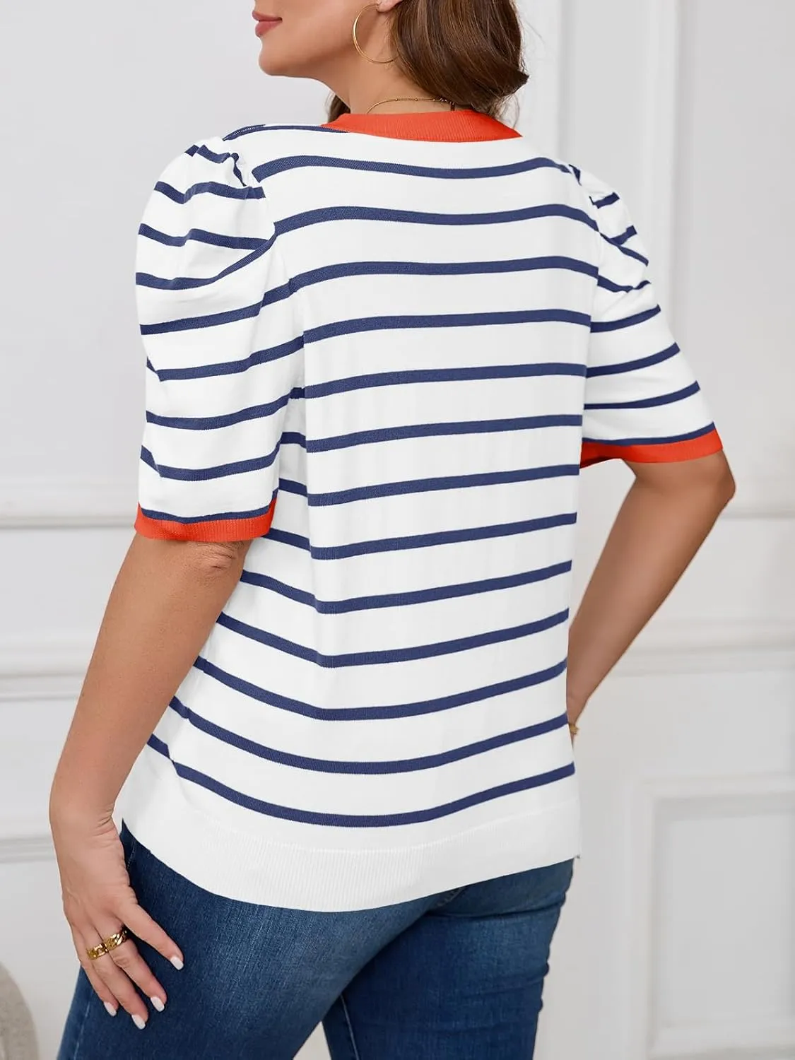 Beautife Womens Plus Size Short Puff Sleeve Sweater Tops Lightweight Striped T Shirts Summer Casual Crew Neck Knit Pullover