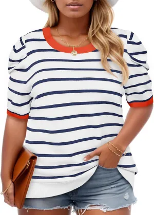 Beautife Womens Plus Size Short Puff Sleeve Sweater Tops Lightweight Striped T Shirts Summer Casual Crew Neck Knit Pullover