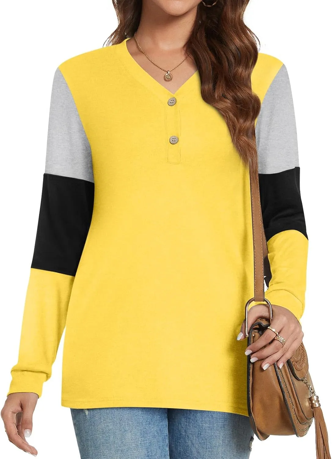 BISHUIGE Womens Button Up T-Shirts Long Sleeve Henley Tunic Tops V-Neck Casual Sweatshirt