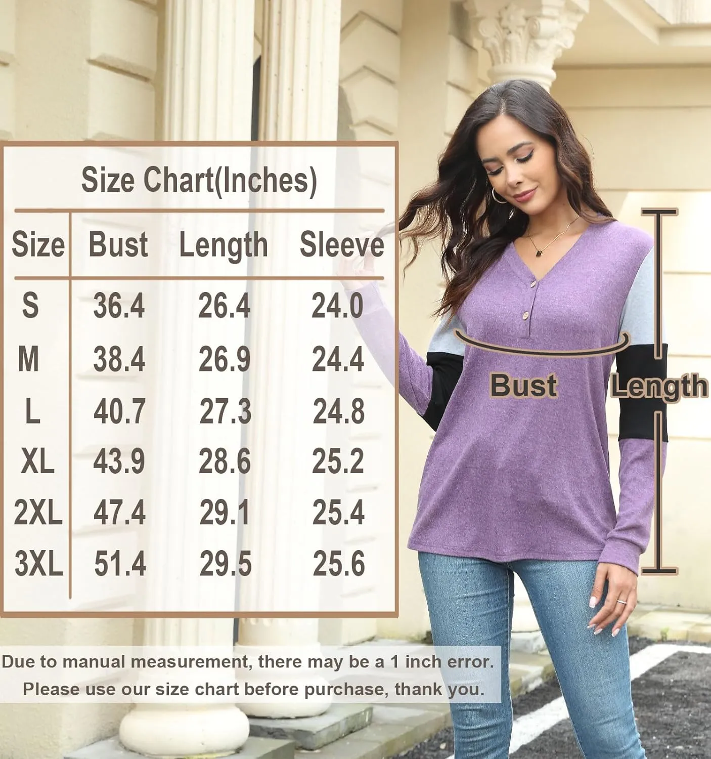 BISHUIGE Womens Button Up T-Shirts Long Sleeve Henley Tunic Tops V-Neck Casual Sweatshirt
