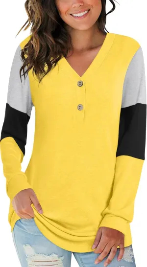 BISHUIGE Womens Button Up T-Shirts Long Sleeve Henley Tunic Tops V-Neck Casual Sweatshirt
