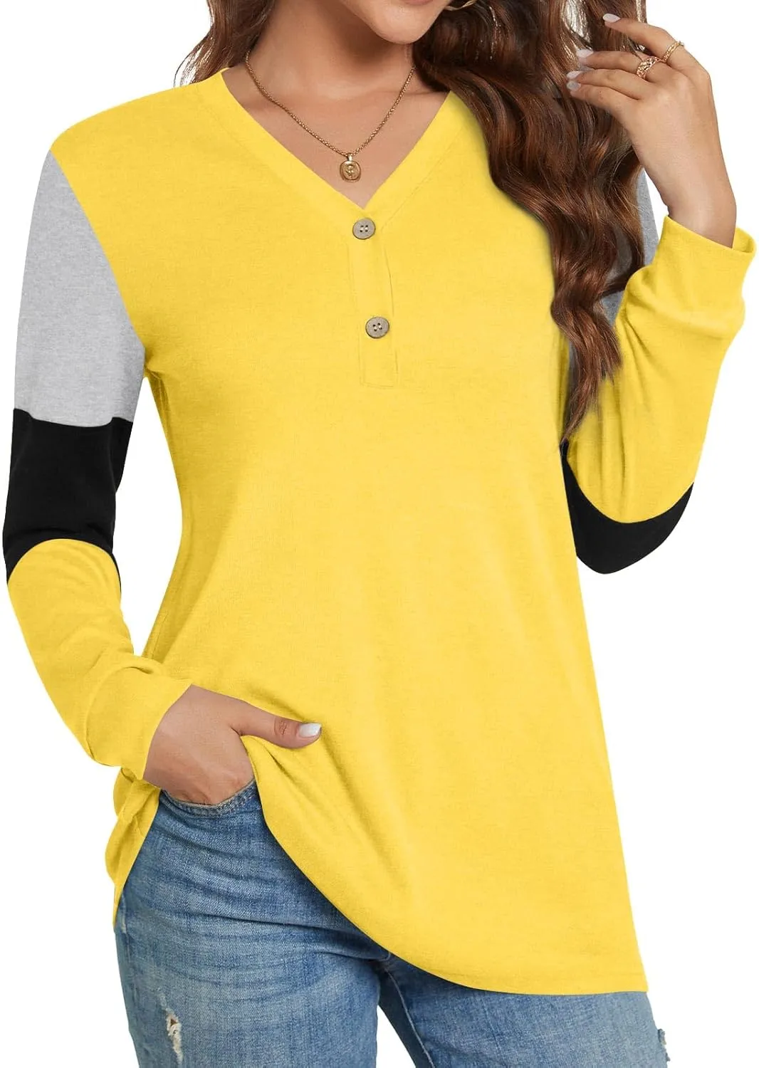 BISHUIGE Womens Button Up T-Shirts Long Sleeve Henley Tunic Tops V-Neck Casual Sweatshirt