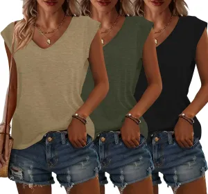 Bliwov 3 Pack Womens Cap Sleeve Tops V Neck T Shirts Spring Summer Casual Plus Size Beach Vacation Fashion Basics Clothes