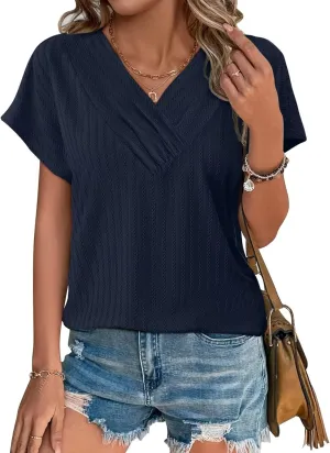 Bliwov Womens T Shirts V Neck Tops 2025 Summer Textured Short Sleeve Trendy Clothes Loose Fit Casual Beach Vacation Outfits