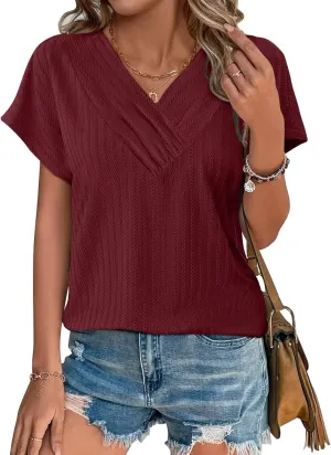 Bliwov Womens T Shirts V Neck Tops 2025 Summer Textured Short Sleeve Trendy Clothes Loose Fit Casual Beach Vacation Outfits