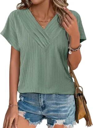 Bliwov Womens T Shirts V Neck Tops 2025 Summer Textured Short Sleeve Trendy Clothes Loose Fit Casual Beach Vacation Outfits