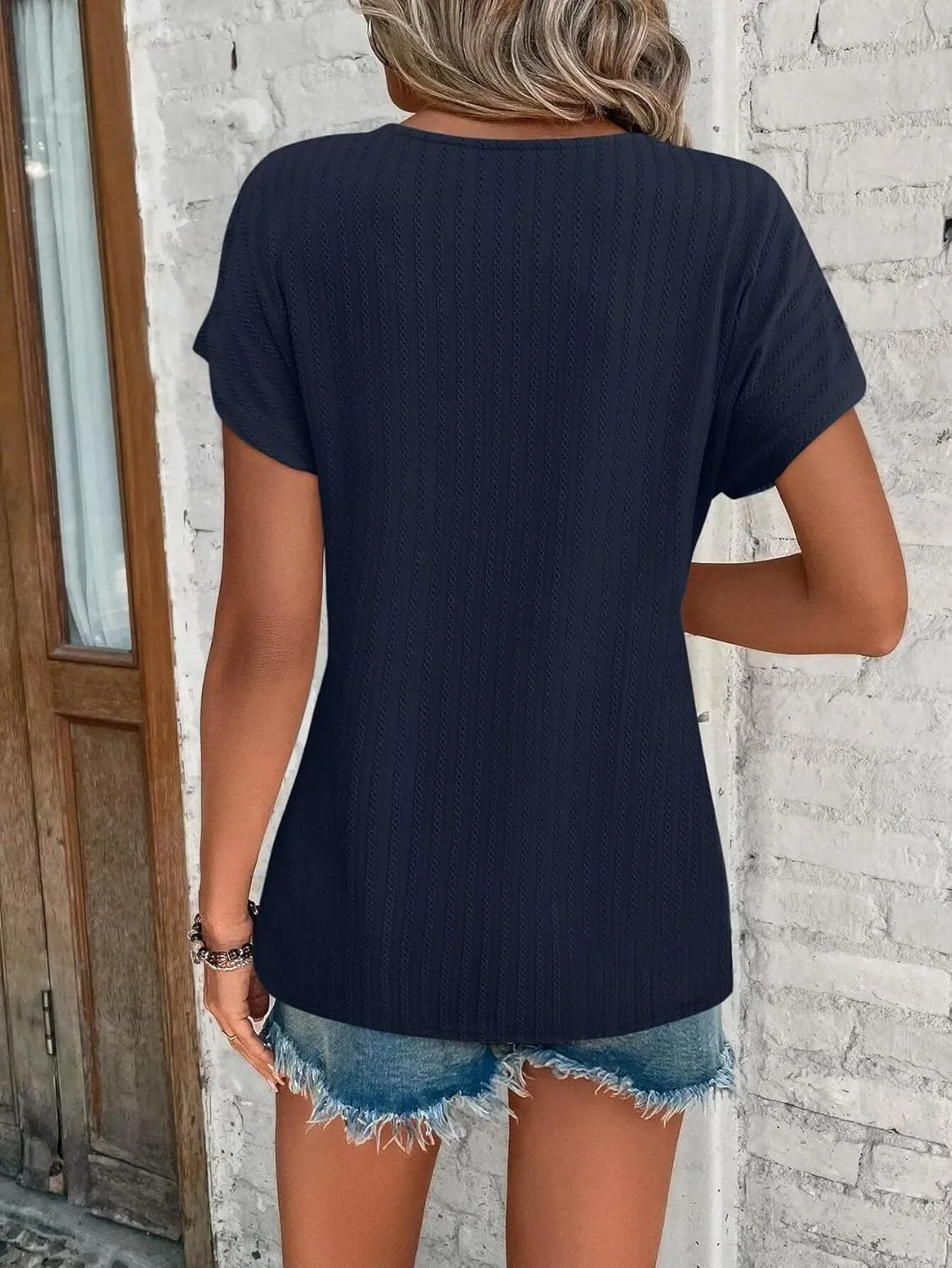 Bliwov Womens T Shirts V Neck Tops 2025 Summer Textured Short Sleeve Trendy Clothes Loose Fit Casual Beach Vacation Outfits