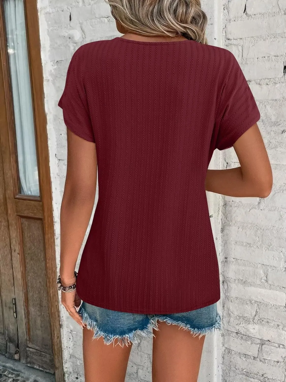 Bliwov Womens T Shirts V Neck Tops 2025 Summer Textured Short Sleeve Trendy Clothes Loose Fit Casual Beach Vacation Outfits