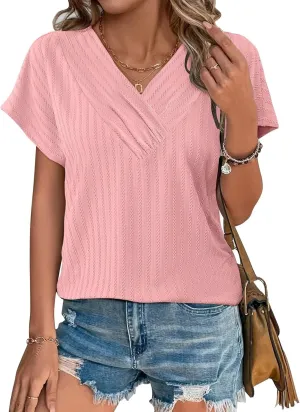 Bliwov Womens T Shirts V Neck Tops 2025 Summer Textured Short Sleeve Trendy Clothes Loose Fit Casual Beach Vacation Outfits
