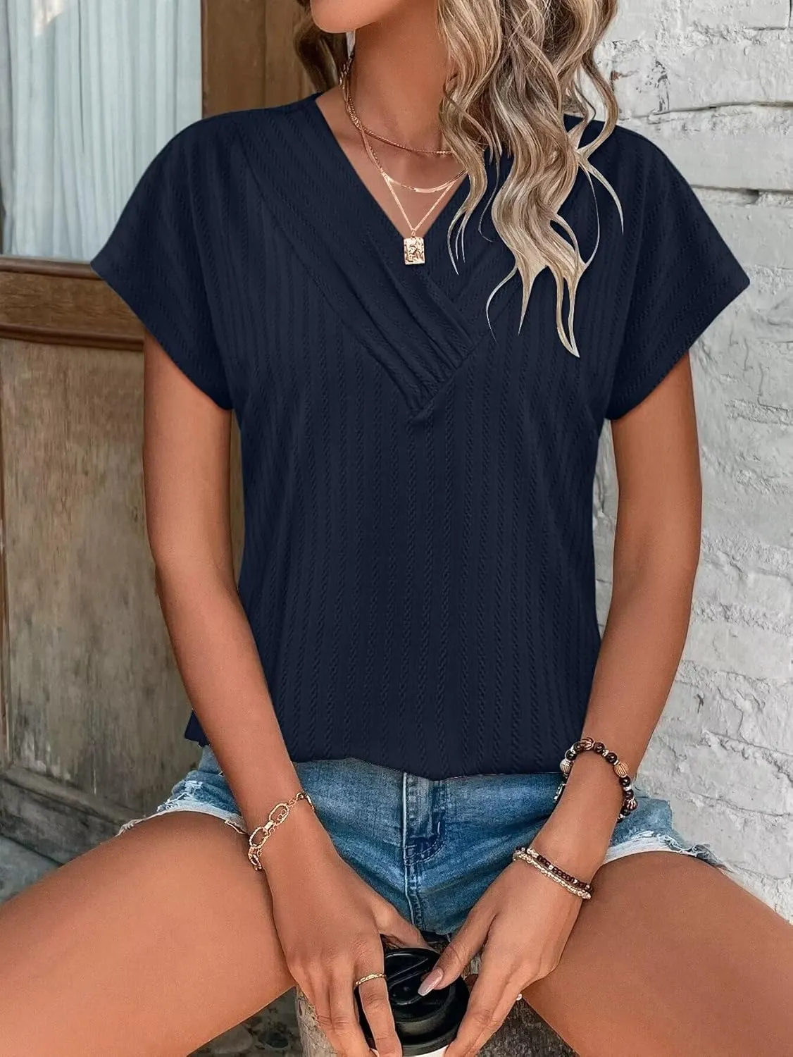 Bliwov Womens T Shirts V Neck Tops 2025 Summer Textured Short Sleeve Trendy Clothes Loose Fit Casual Beach Vacation Outfits