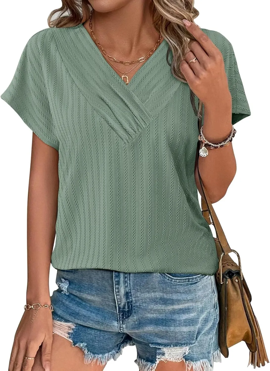 Bliwov Womens T Shirts V Neck Tops 2025 Summer Textured Short Sleeve Trendy Clothes Loose Fit Casual Beach Vacation Outfits
