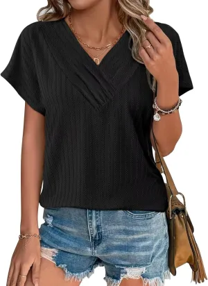 Bliwov Womens T Shirts V Neck Tops 2025 Summer Textured Short Sleeve Trendy Clothes Loose Fit Casual Beach Vacation Outfits