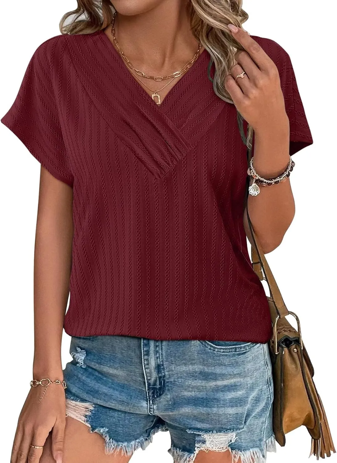 Bliwov Womens T Shirts V Neck Tops 2025 Summer Textured Short Sleeve Trendy Clothes Loose Fit Casual Beach Vacation Outfits