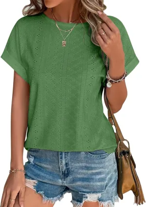 Bliwov Womens Tops Eyelet Embroidery Summer Spring Curved Hem 2025 Casual Short Sleeve Trendy T Shirts Beach Vacation Clothes