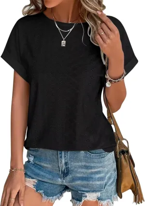 Bliwov Womens Tops Eyelet Embroidery Summer Spring Curved Hem 2025 Casual Short Sleeve Trendy T Shirts Beach Vacation Clothes