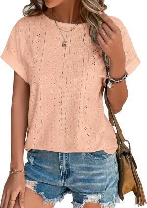 Bliwov Womens Tops Eyelet Embroidery Summer Spring Curved Hem 2025 Casual Short Sleeve Trendy T Shirts Beach Vacation Clothes