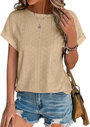 Bliwov Womens Tops Eyelet Embroidery Summer Spring Curved Hem 2025 Casual Short Sleeve Trendy T Shirts Beach Vacation Clothes