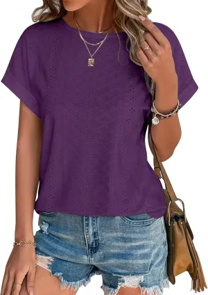 Bliwov Womens Tops Eyelet Embroidery Summer Spring Curved Hem 2025 Casual Short Sleeve Trendy T Shirts Beach Vacation Clothes