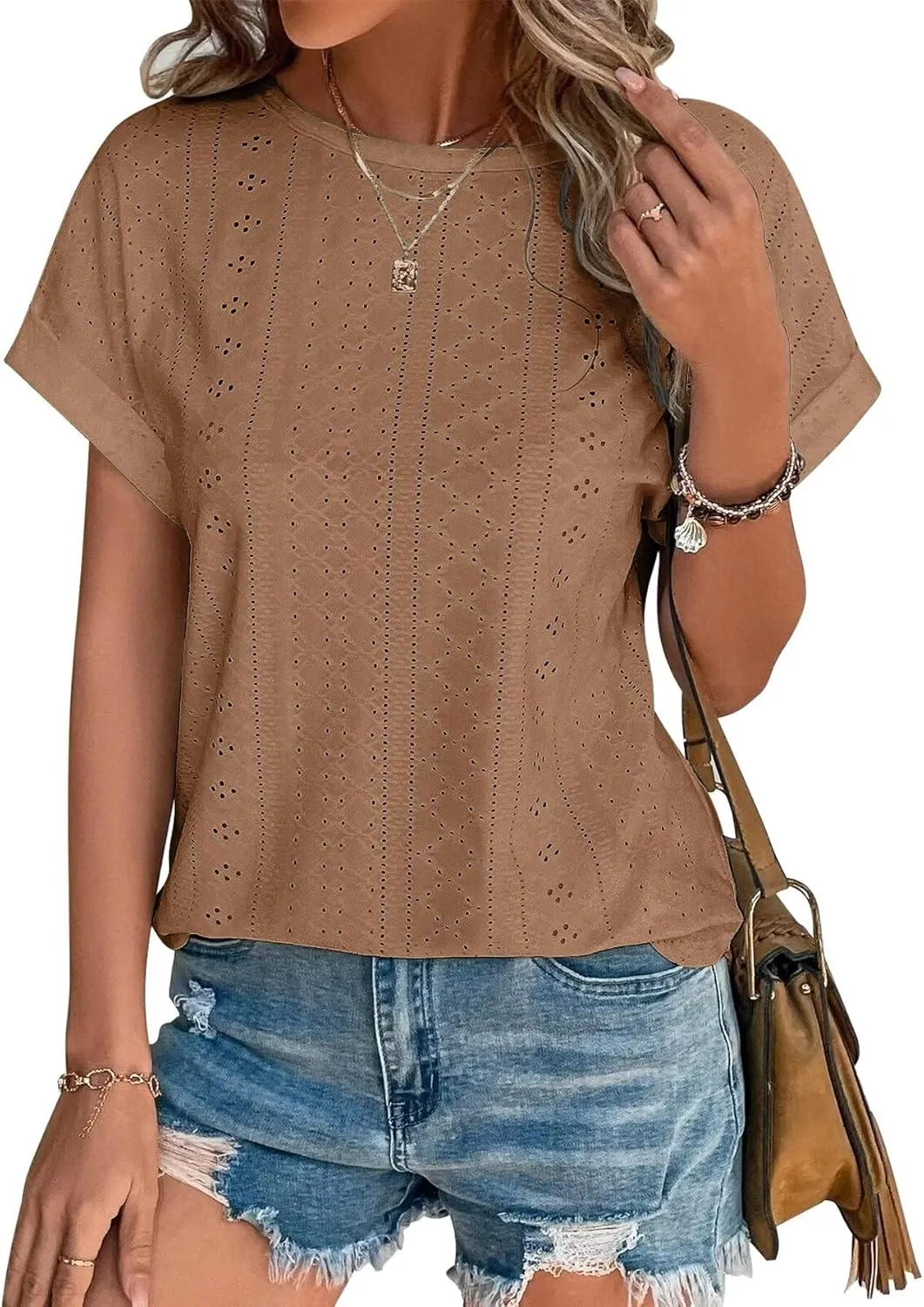 Bliwov Womens Tops Eyelet Embroidery Summer Spring Curved Hem 2025 Casual Short Sleeve Trendy T Shirts Beach Vacation Clothes