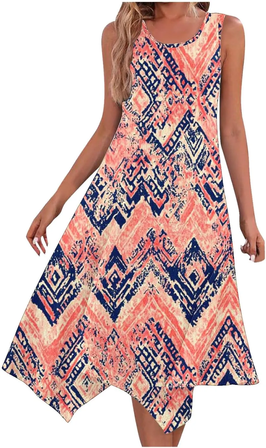 Boho Dresses for Women Casual 2025 Floral Print Sleeveless Dresses with Pockets Handkerchief Hem Beach Sundresses