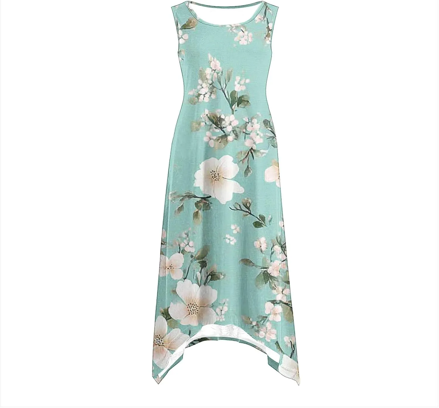 Boho Dresses for Women Casual 2025 Floral Print Sleeveless Dresses with Pockets Handkerchief Hem Beach Sundresses