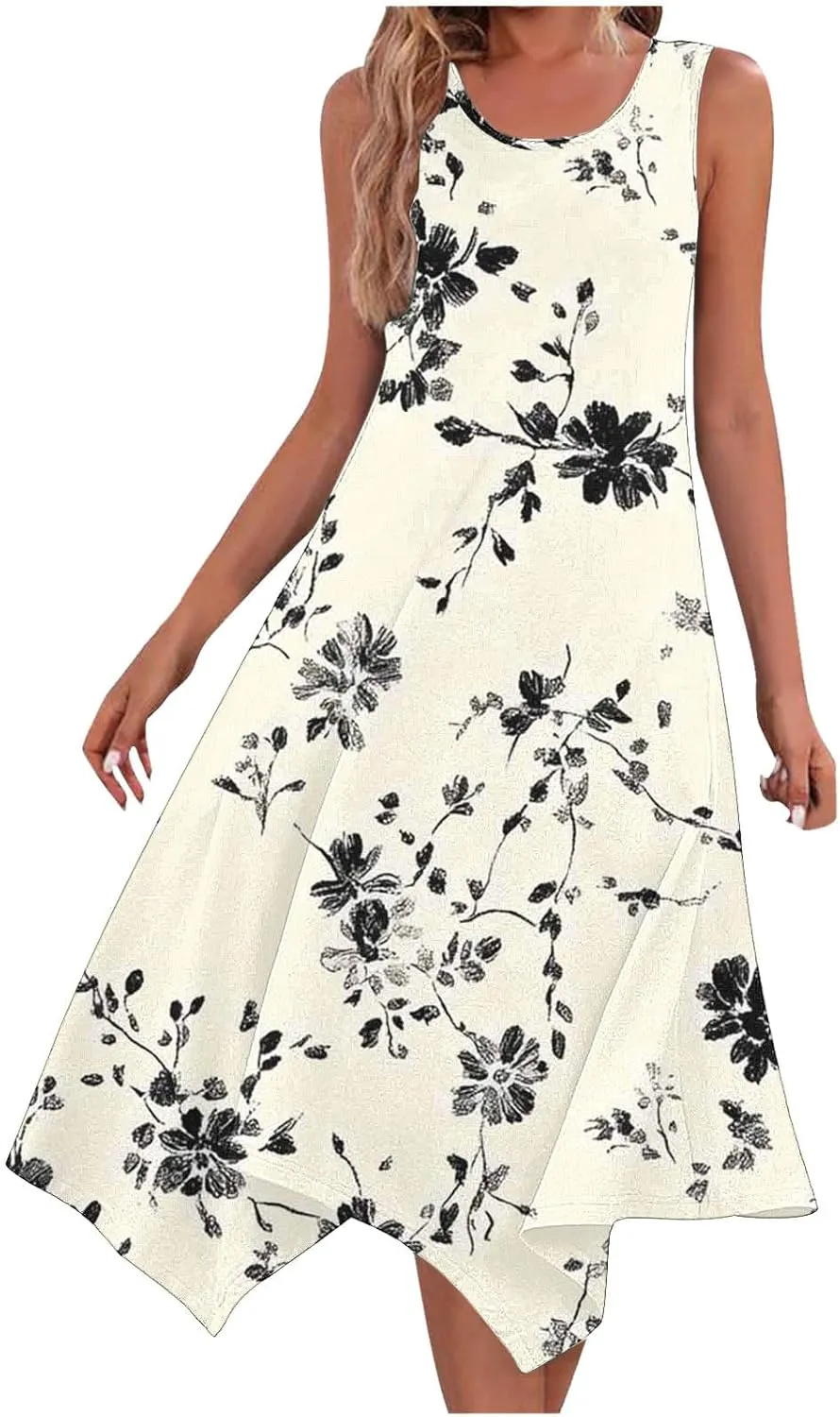 Boho Dresses for Women Casual 2025 Floral Print Sleeveless Dresses with Pockets Handkerchief Hem Beach Sundresses