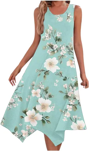 Boho Dresses for Women Casual 2025 Floral Print Sleeveless Dresses with Pockets Handkerchief Hem Beach Sundresses