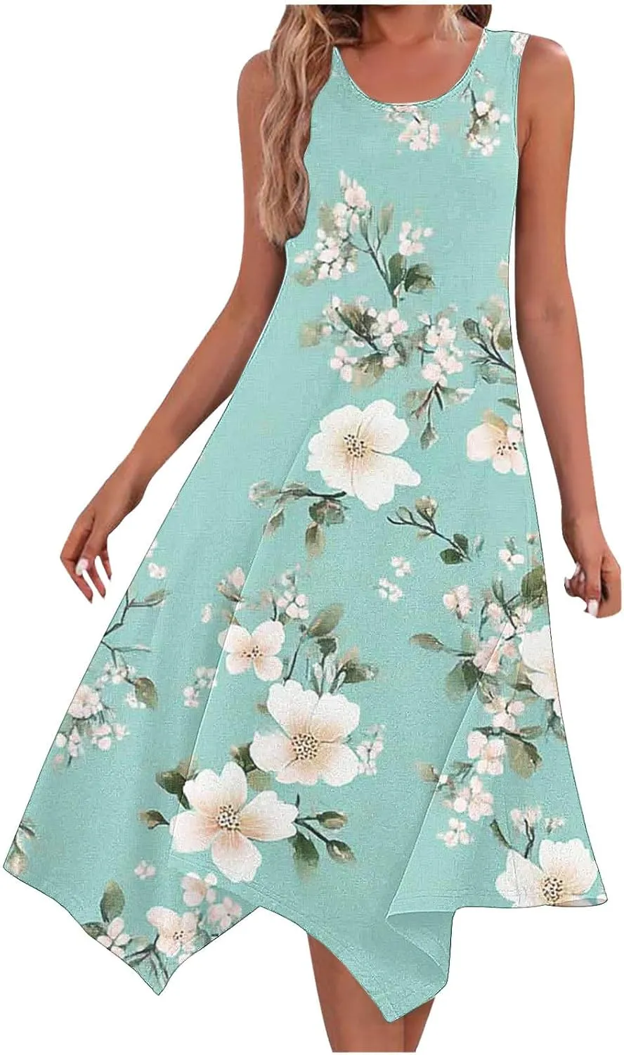 Boho Dresses for Women Casual 2025 Floral Print Sleeveless Dresses with Pockets Handkerchief Hem Beach Sundresses