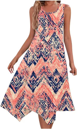 Boho Dresses for Women Casual 2025 Floral Print Sleeveless Dresses with Pockets Handkerchief Hem Beach Sundresses