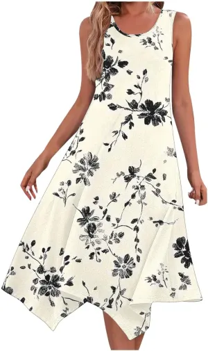 Boho Dresses for Women Casual 2025 Floral Print Sleeveless Dresses with Pockets Handkerchief Hem Beach Sundresses
