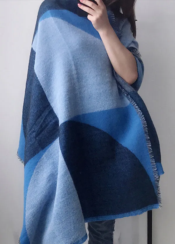 Boutique Blue Plaid Tasseled Autumn Winter Faux Cashmere Shawl ML2186