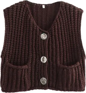 Bozanly Womens Chunky Knit Sweater Vest Cute Button Down Sleeveless Crop Crochet Cardigan Vest 2025